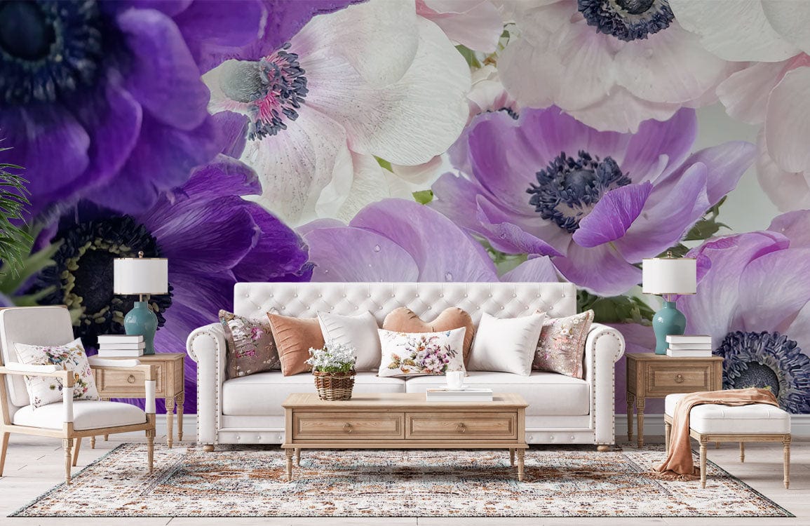 Elegant Purple White Anemone Floral Mural Wallpaper in modern living room with white sofa, wooden tables.
