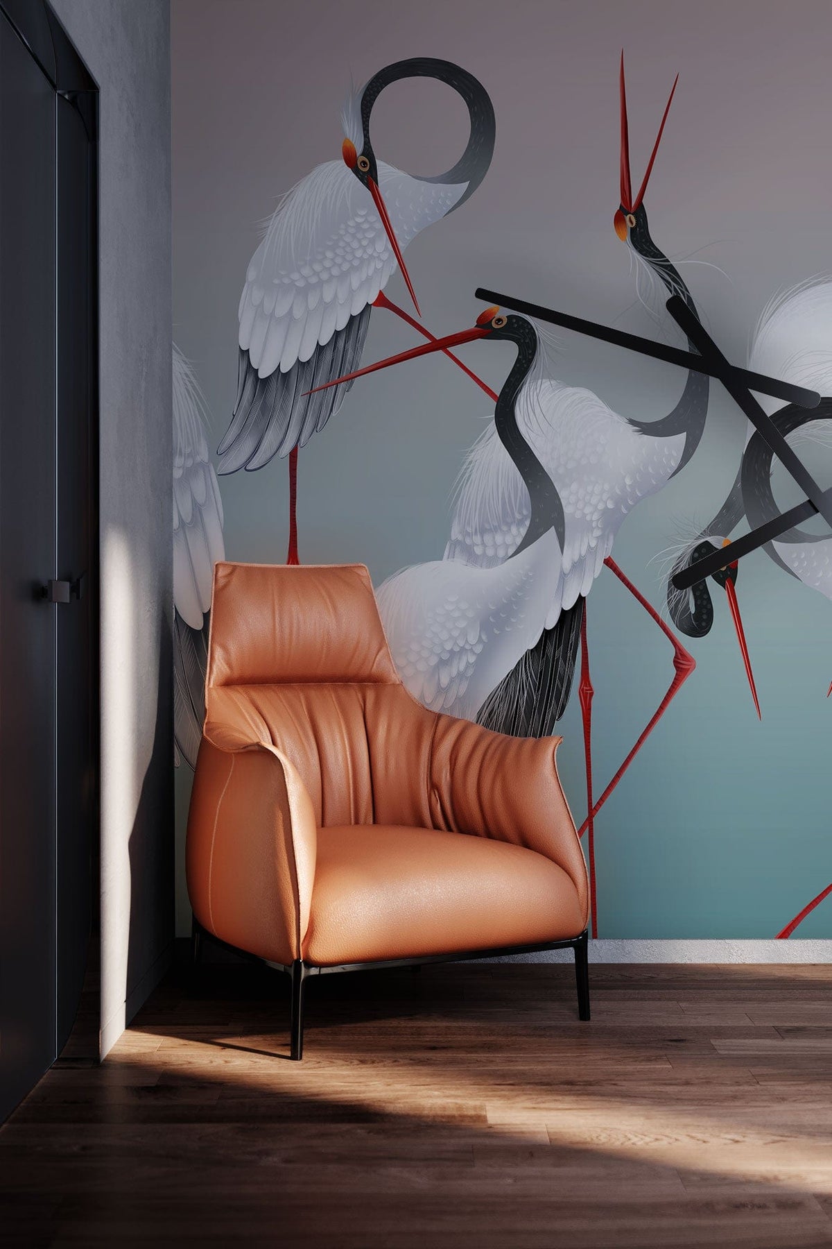 Graceful Cranes Mural Wallpaper, Oriental style, featuring leather armchair, wooden flooring, elegant room decor.