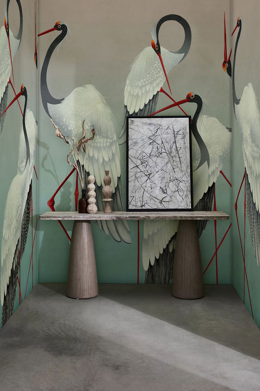Graceful Cranes Elegant Mural Wallpaper in a stylish room with modern console table and grey floor.