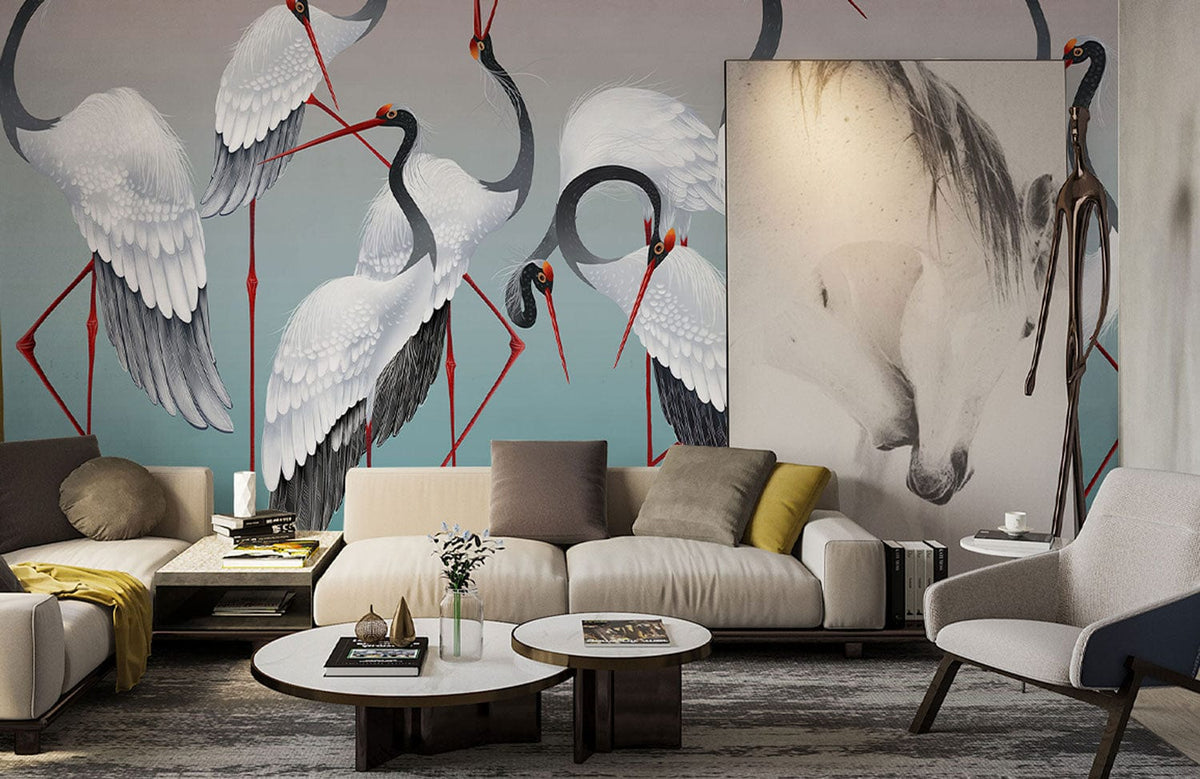 Graceful Cranes Elegant Mural Wallpaper in living room, modern sofas, round tables, artistic decor.