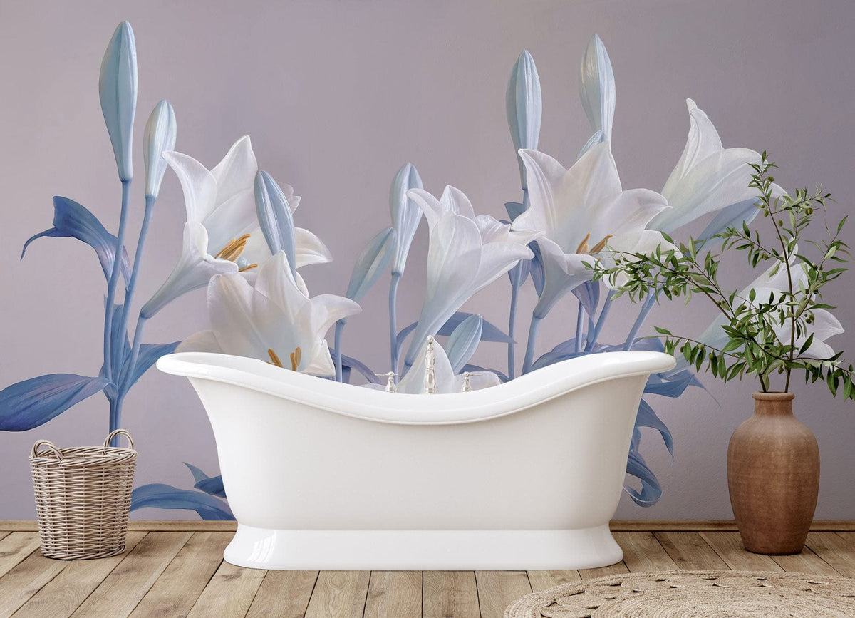 Elegant white lilies and blue foliage mural wallpaper in bathroom with white bathtub, wooden flooring.