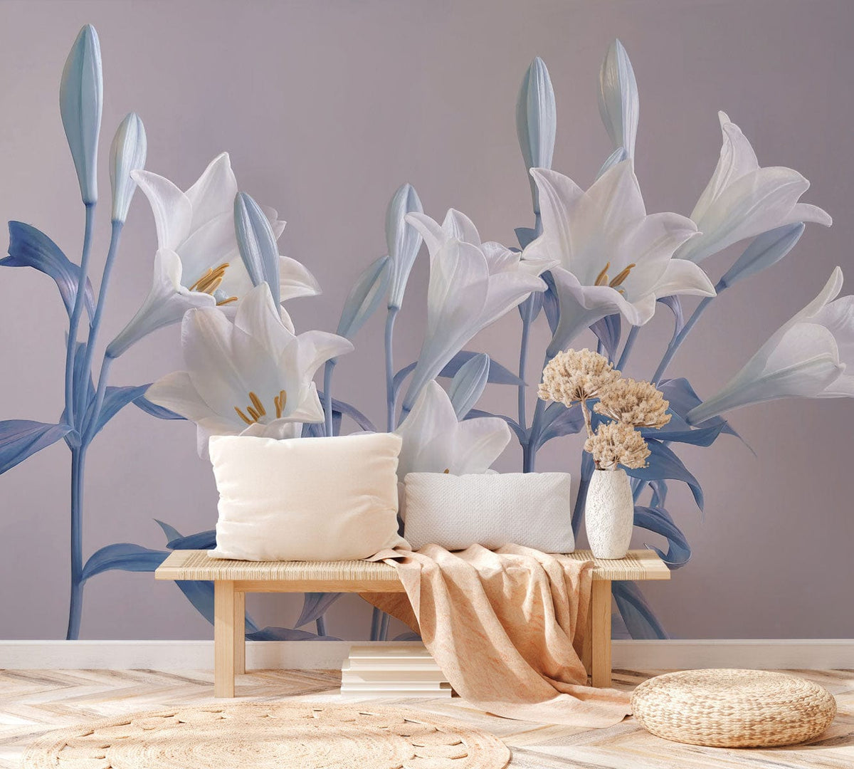 Elegant wallpaper with white lilies, blue foliage; wooden bench, neutral cushions, soft rug, stylish interior.