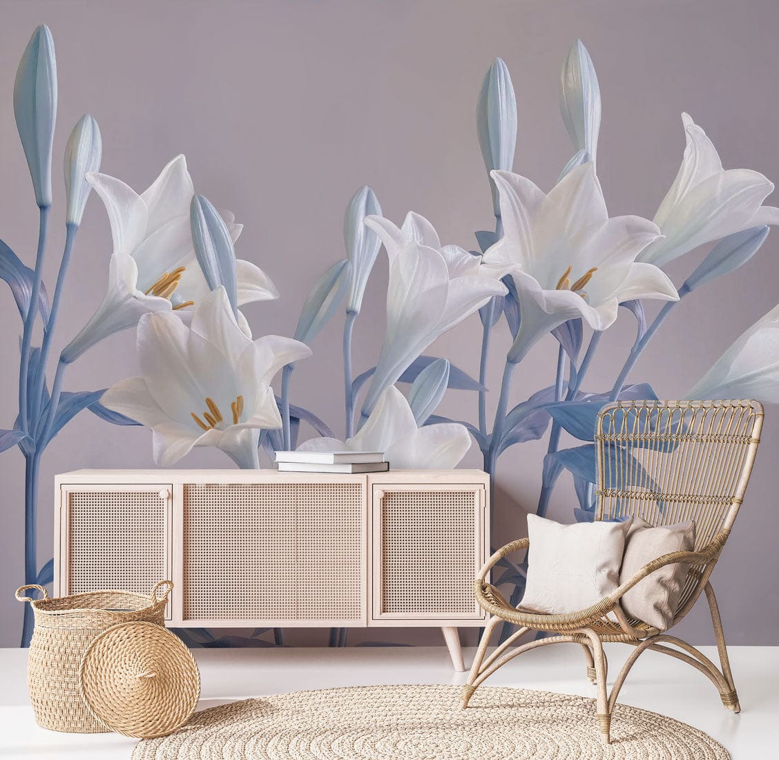 Elegant White Lilies Mural Wallpaper, beige sideboard, wicker chair, round rug, in stylish living room.