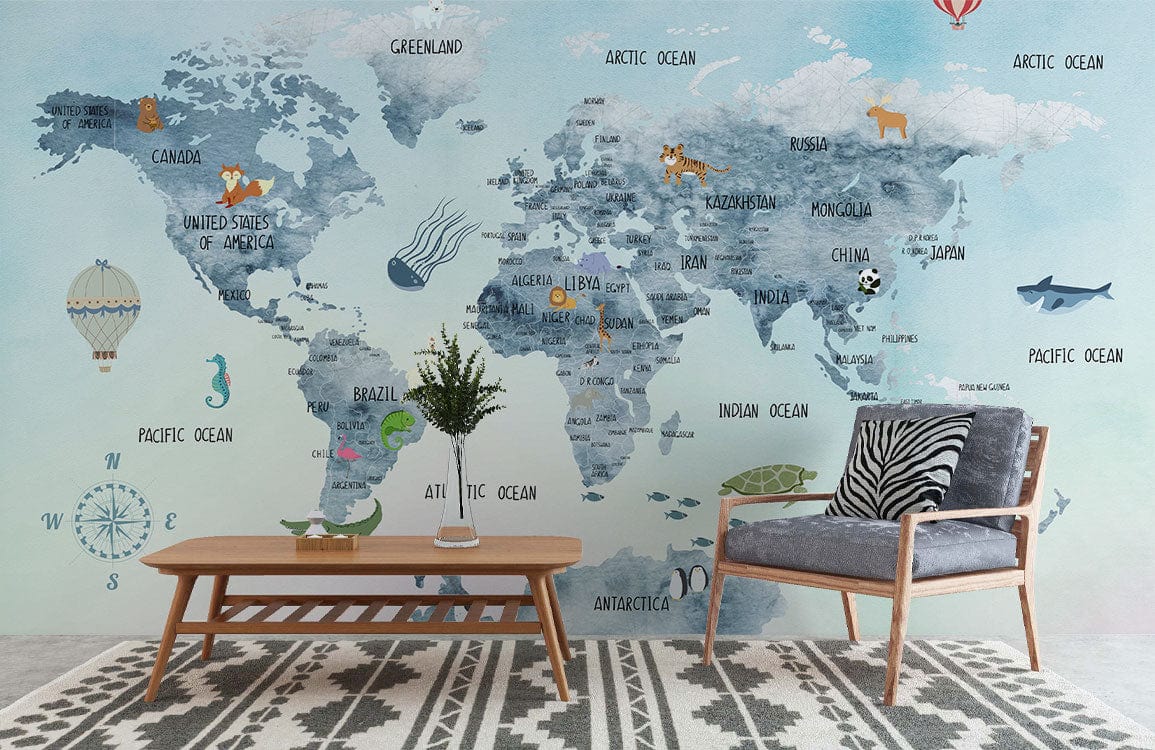 Whimsical World Map Mural with wooden furniture, zebra cushion, patterned rug, in vintage room setting.