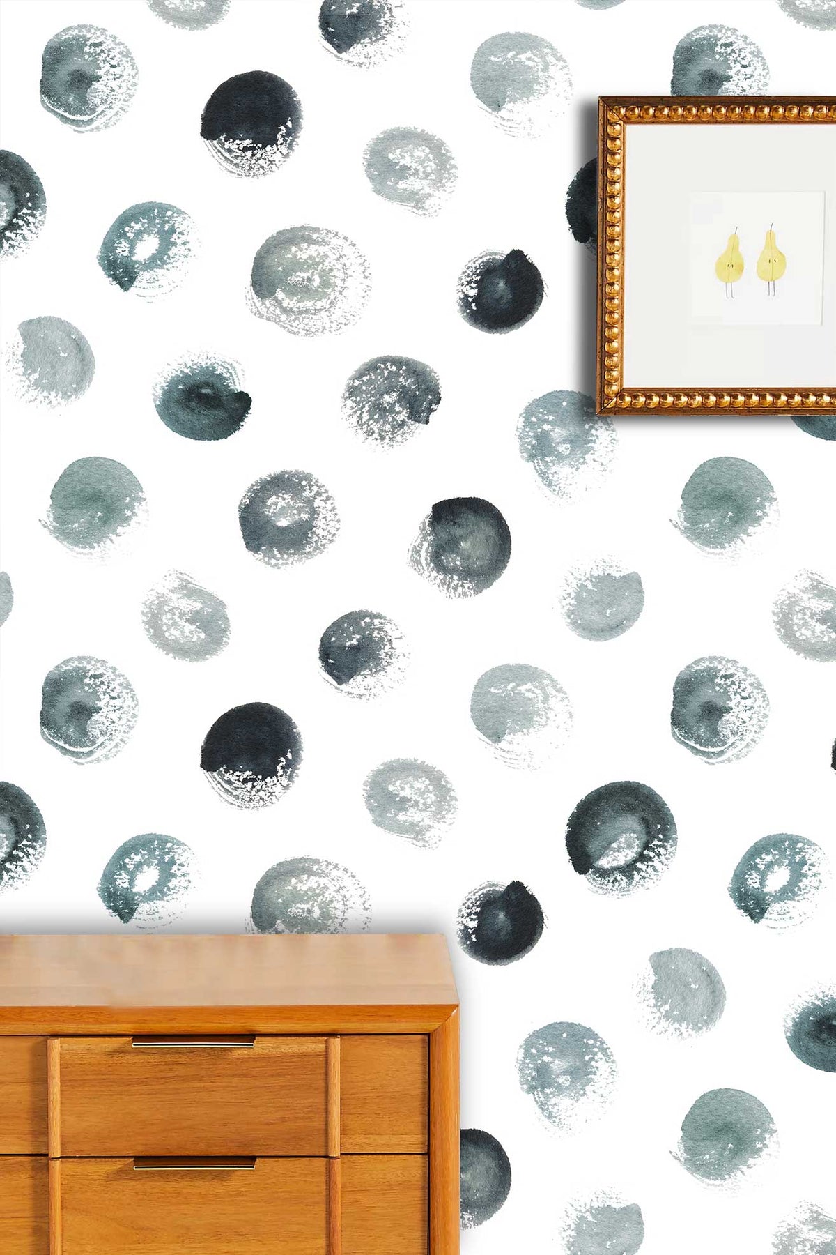 Modern monochrome watercolour spots wallpaper, wooden dresser, framed art; perfect for contemporary interior design.