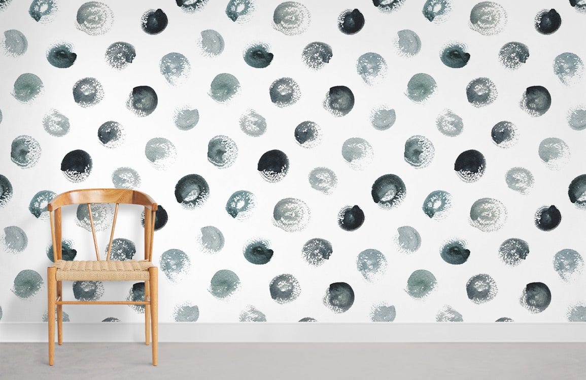 Modern monochrome watercolour spots wallpaper with wooden chair on grey flooring for stylish interior design.