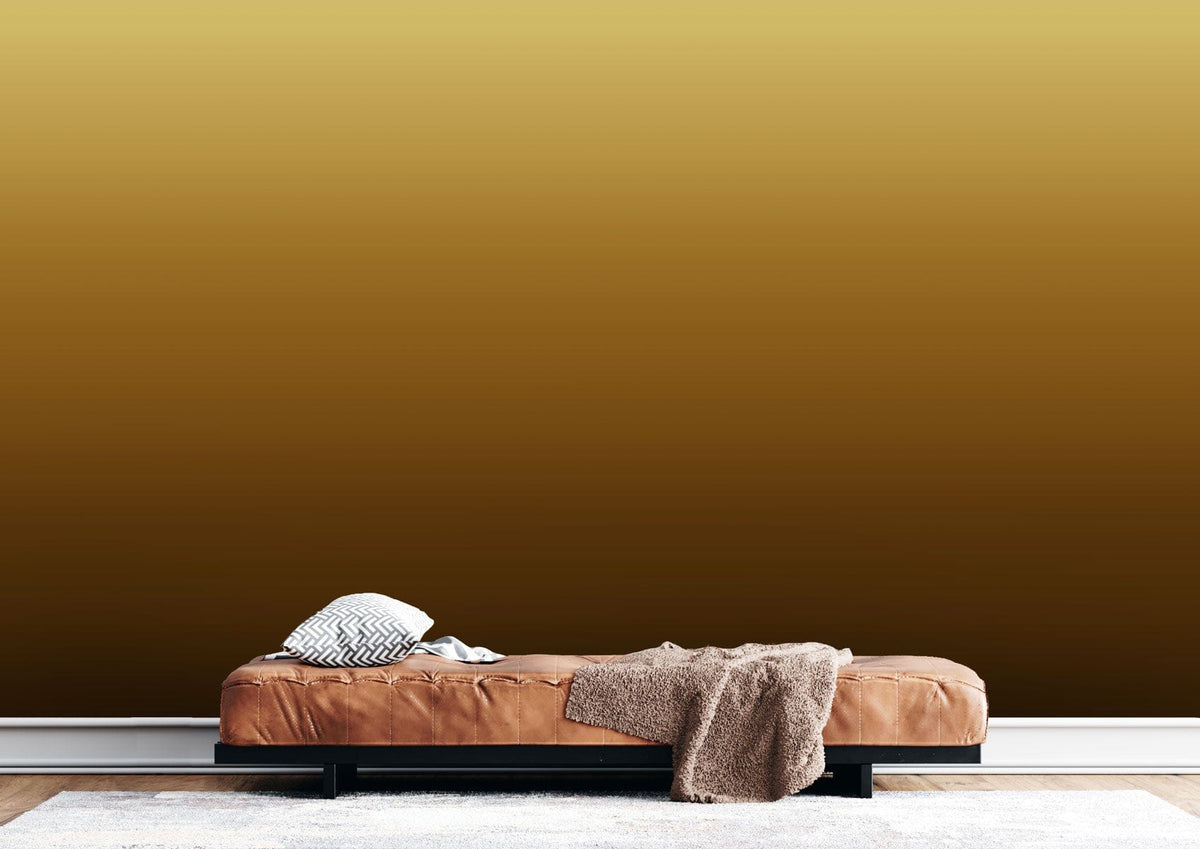 Elegant golden ombre wallpaper; minimalist room, brown sofa, wooden flooring, modern interior design.