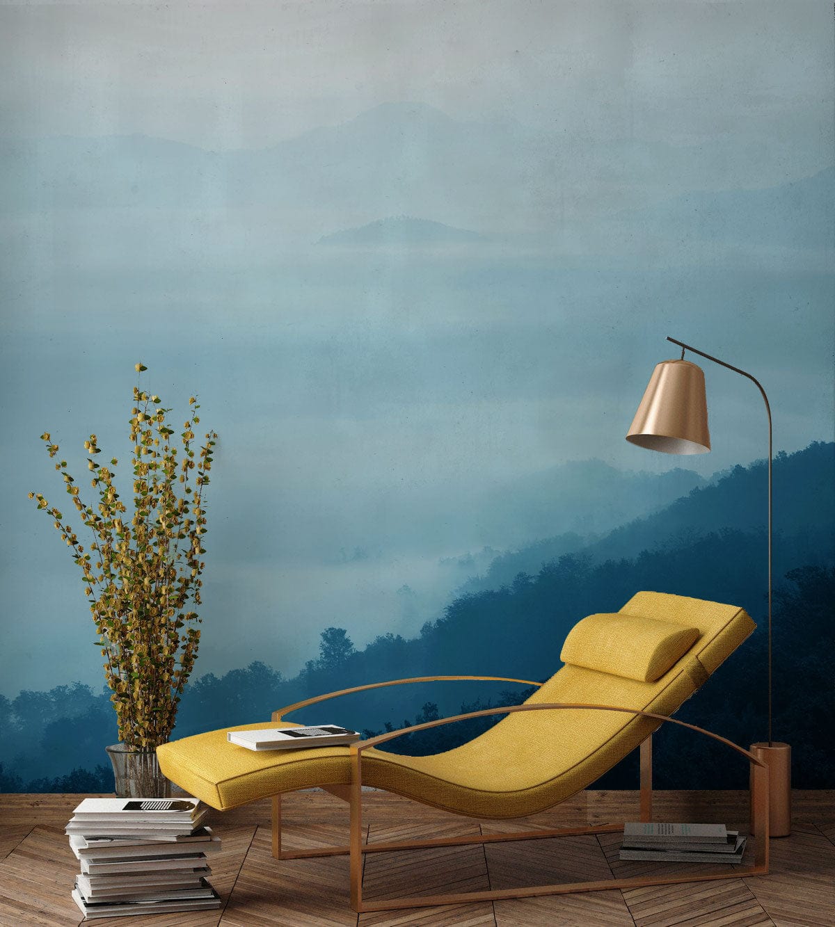 Tranquil Blue Mist Mountain Mural with yellow chaise lounge, wooden flooring, and contemporary floor lamp.