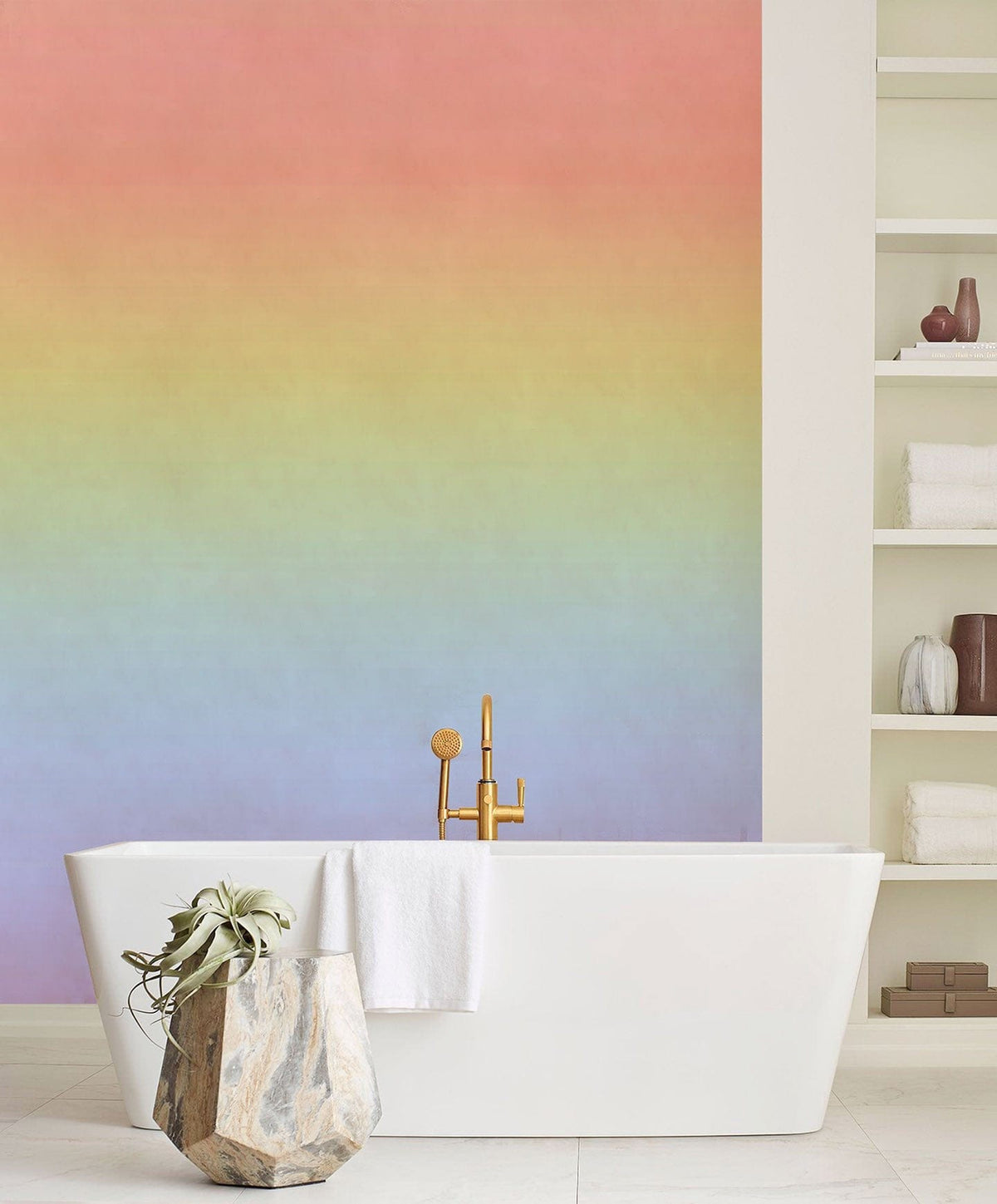 Pastel Rainbow Gradient Wallpaper in modern bathroom with freestanding white bathtub and minimalist shelving.
