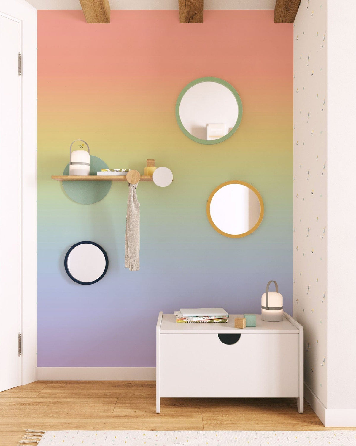 Pastel Rainbow Gradient Wallpaper with modern decor, wooden flooring, and white storage bench in living room.