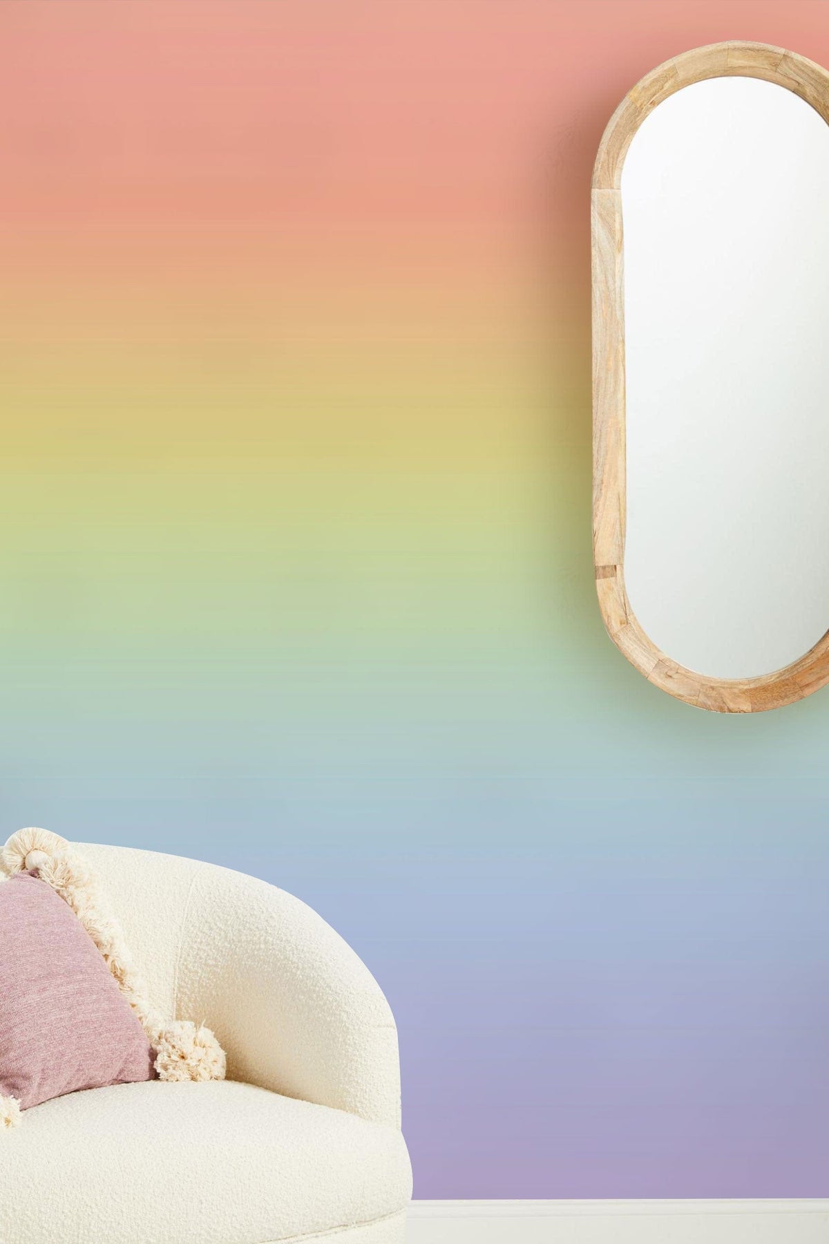 Pastel Rainbow Gradient Wallpaper in modern room with white sofa, wooden mirror, and cushion.