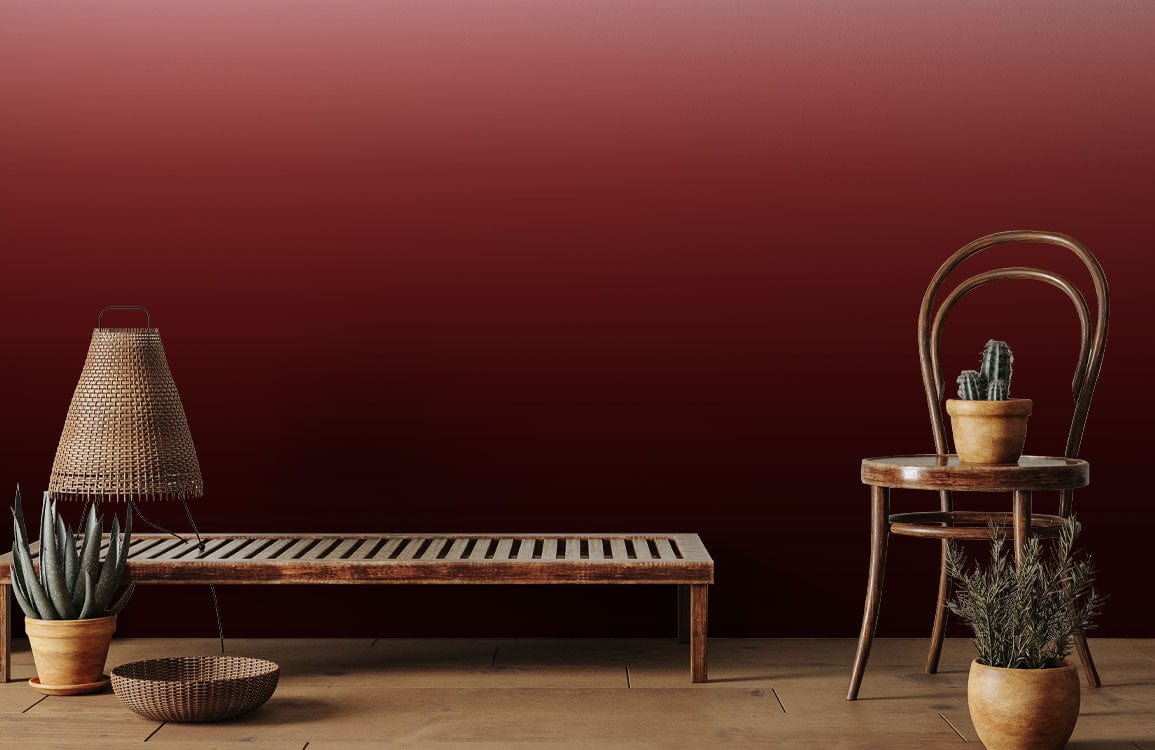 Elegant red gradient ombre wallpaper, wooden bench, chair, modern home decor, stylish flooring.
