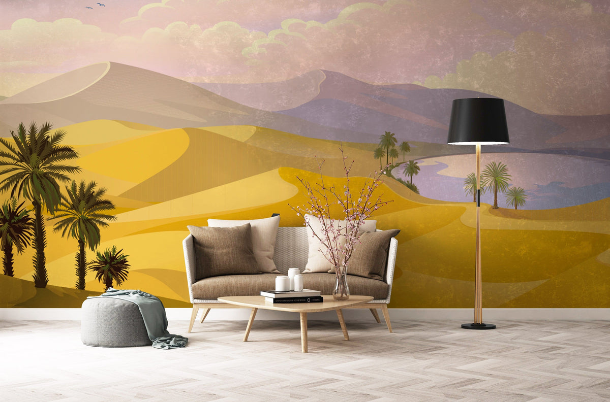 Golden Desert Oasis Mural Wallpaper with palms; pastel skies; beige sofa; modern living room decor.