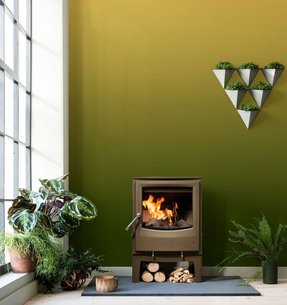 Golden Olive Ombre Wallpaper, modern minimalist decor, green wall, stove heater, indoor plants, tiles.