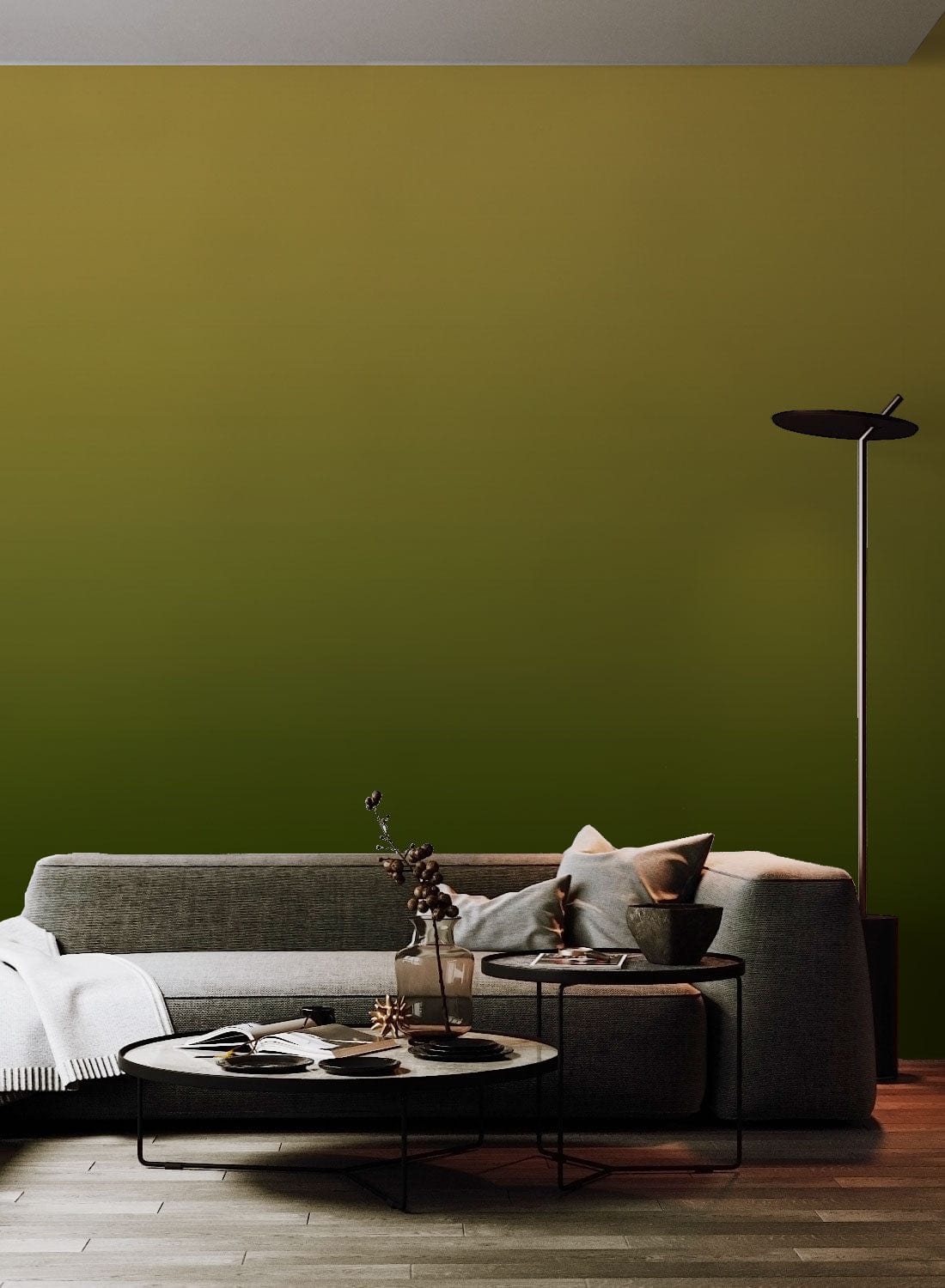 Golden Olive Ombre Gradient Wallpaper in minimalist living room with grey sofa, wood flooring, modern lamp.