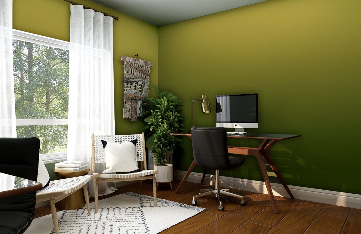 Golden Olive Ombre Wallpaper in study with minimalist decor, wooden flooring, and black office chair.