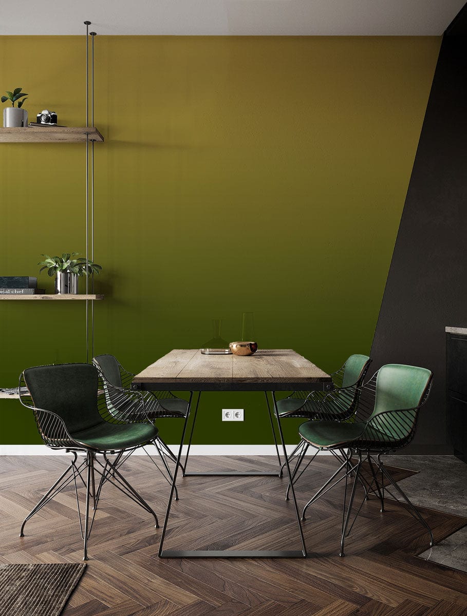 Golden olive ombre wallpaper in dining room, modern minimalist decor with wooden table and black chairs.