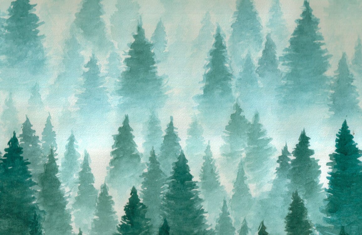 Misty Forest Green Watercolour Landscape Mural Wallpaper for Serene Interiors