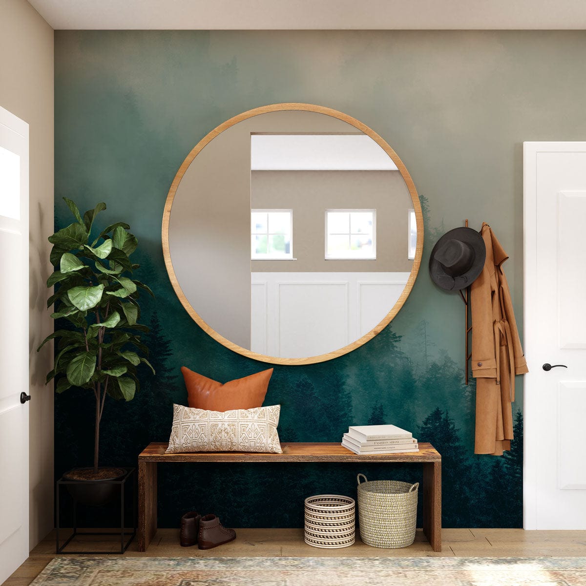Misty forest mural wallpaper with teal and grey tones in modern hallway, featuring wooden bench.