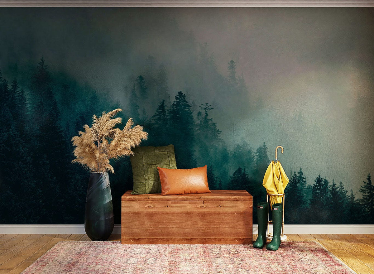 Serene Misty Forest Mural Wallpaper, teal-grey, wooden bench, patterned rug, hallway setting, rustic decor.