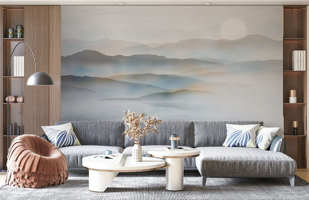 Tranquil misty mountain wallpaper in soft tones, grey sofa, modern room, stylish lighting, wood accents.