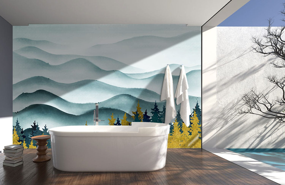 Tranquil Blue Forest Wallpaper, stylish bath, wood flooring, serene bathroom decor, scenic mural design.