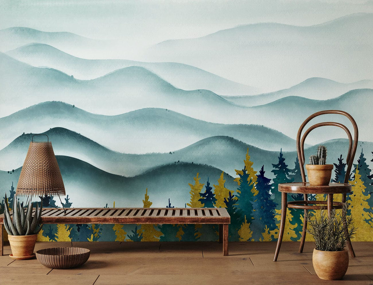 Tranquil Blue Forest mural wallpaper, wooden bench, chair, rattan lamp, hardwood flooring, nature-inspired room design.