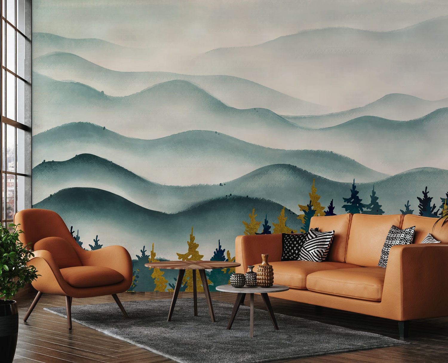 Tranquil Blue Forest and Misty Mountains Scenic Mural Wallpaper Design