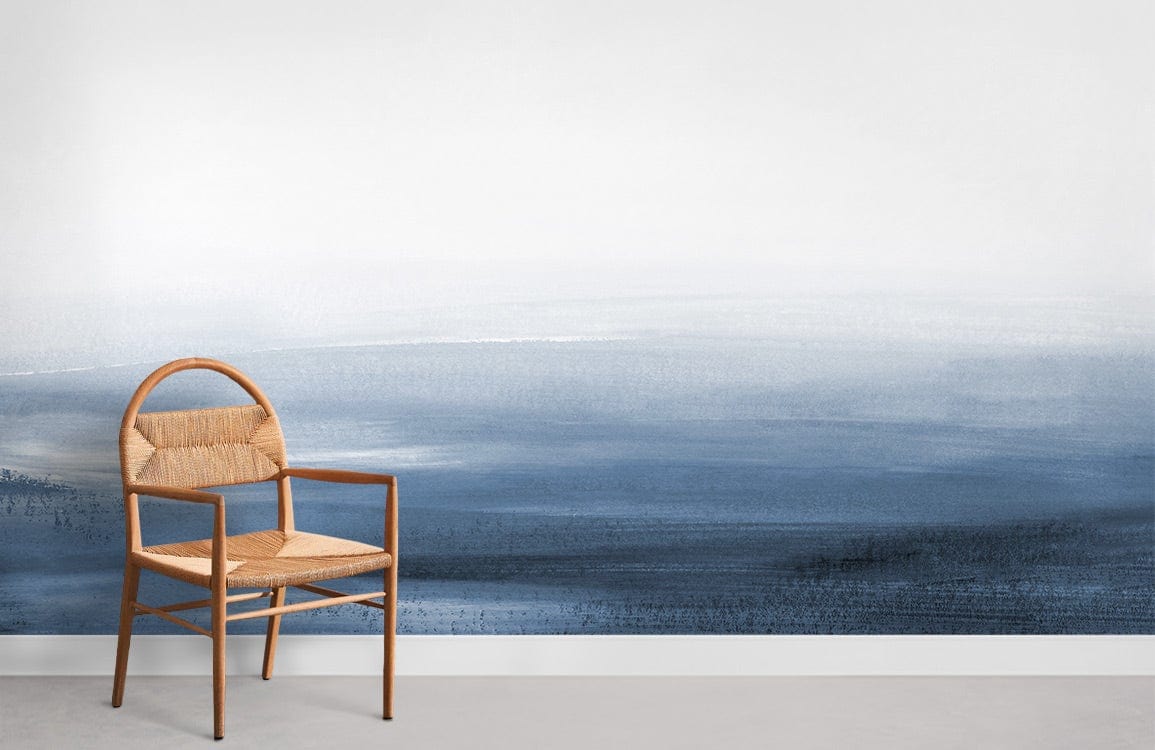 Serene Blue Watercolour Landscape Mural Wallpaper, wooden chair, modern Décor, grey flooring, minimalist design.