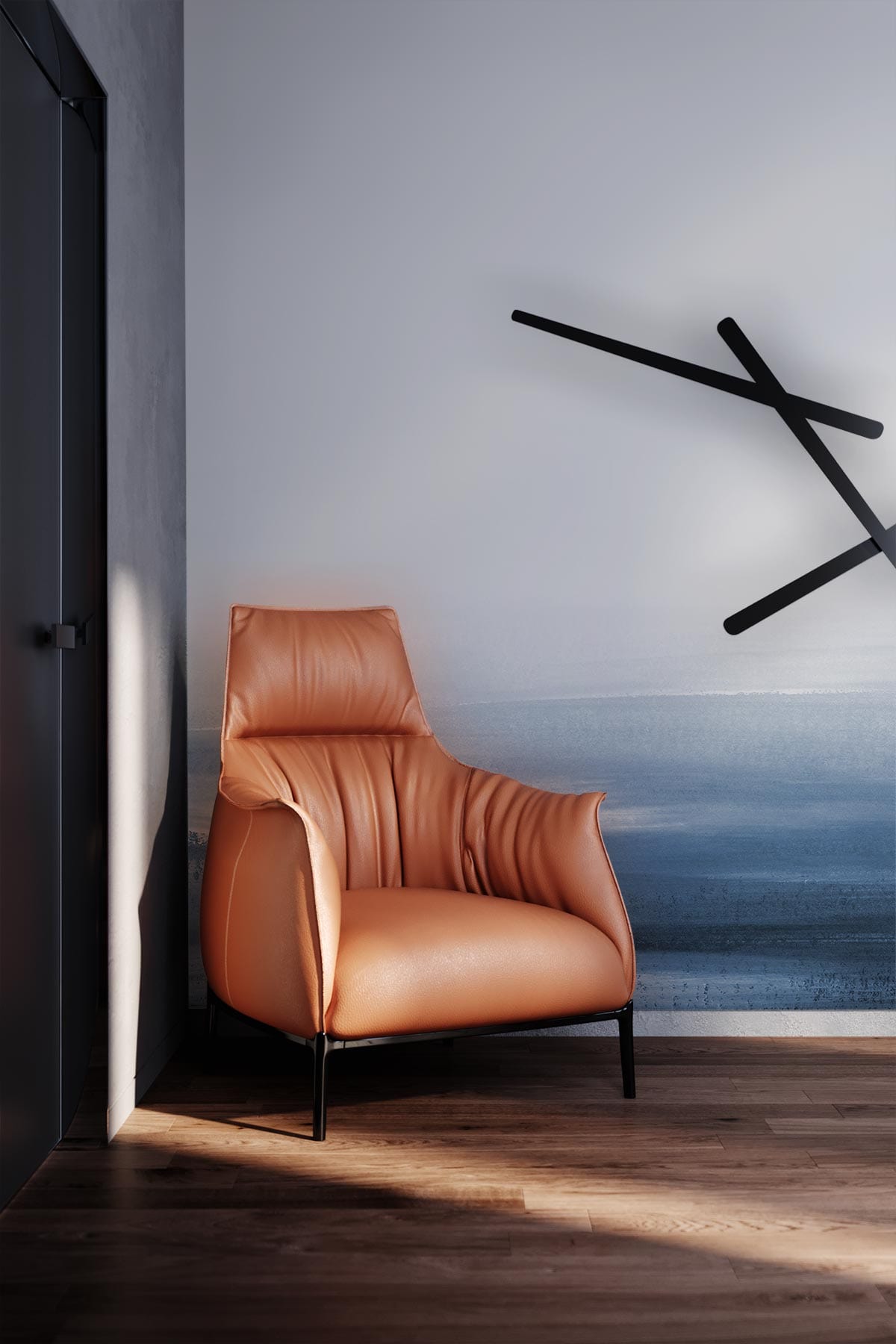 Orange leather chair with Serene Blue Watercolour Landscape Mural, wooden floor, and modern wall sculpture.