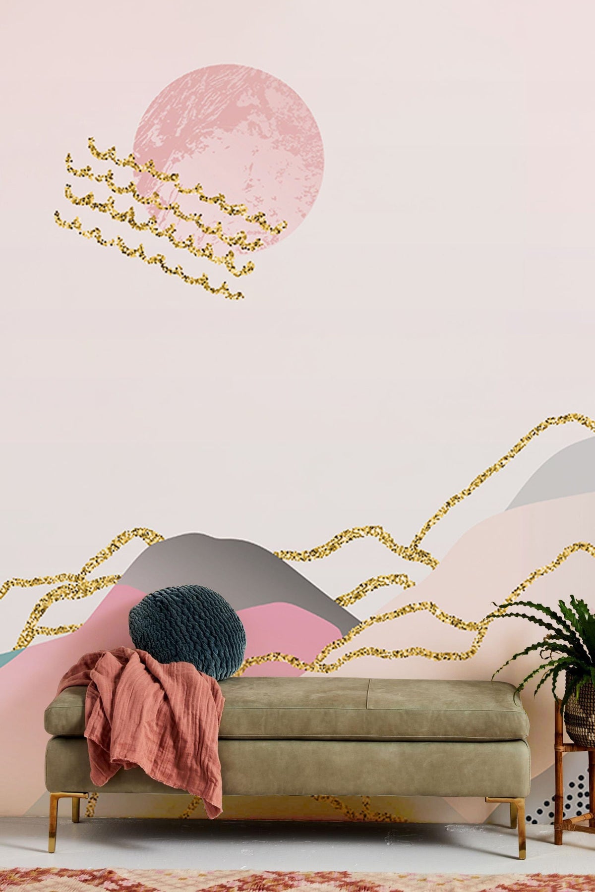 Dreamy Pastel Abstract Mountain Mural Wallpaper with Gold Accents, muted olive sofa, modern living room.