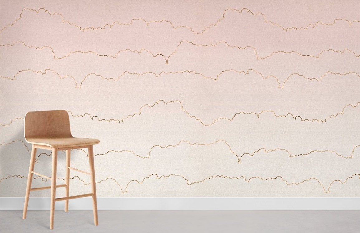 Elegant pastel pink cloud wallpaper with soft dreamy design; wooden stool, light flooring.
