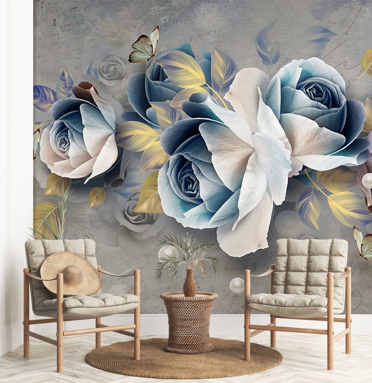 Elegant blue floral rose mural wallpaper with butterflies, pearls, wooden chairs, and woven round table.