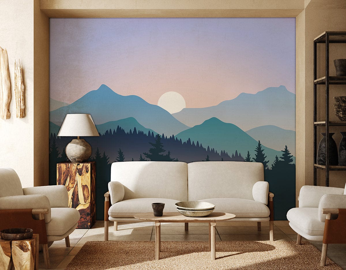 Tranquil Mountain Sunset Mural Wallpaper with cream sofas, light wood flooring, and beige walls in living room.