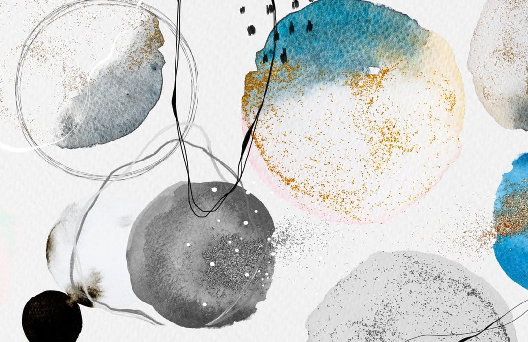 Abstract Watercolour Circles Mural Wallpaper in Blue Grey Gold Tones