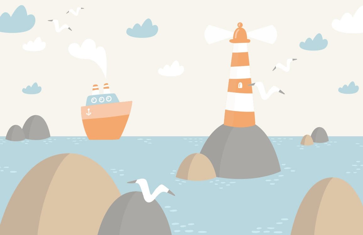 Coastal Lighthouse Adventure Children's Wallpaper: Pastel Nautical Themed Design