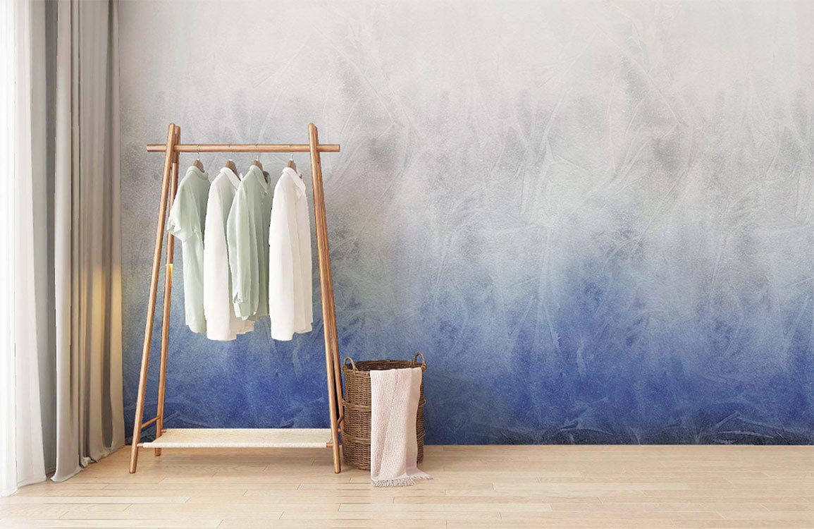 Ethereal Misty Blue and White Gradient Wallpaper with clothes rack, light wood flooring, elegant room.