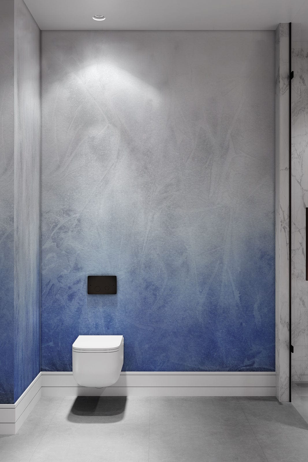 Bathroom with Ethereal Misty Blue and White Gradient Mural Wallpaper, modern wall-mounted toilet, sleek flooring.