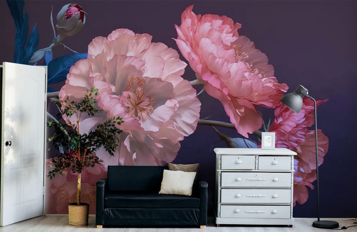 Ombre Pink Peonies Wall Murals | Aesthetic Flower Art Design