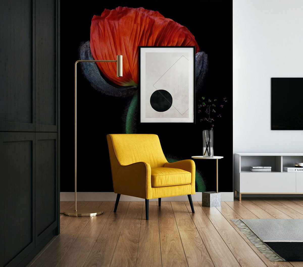 Elegant red poppy wall mural; modern living room; mustard armchair; artistic decor; wooden flooring.