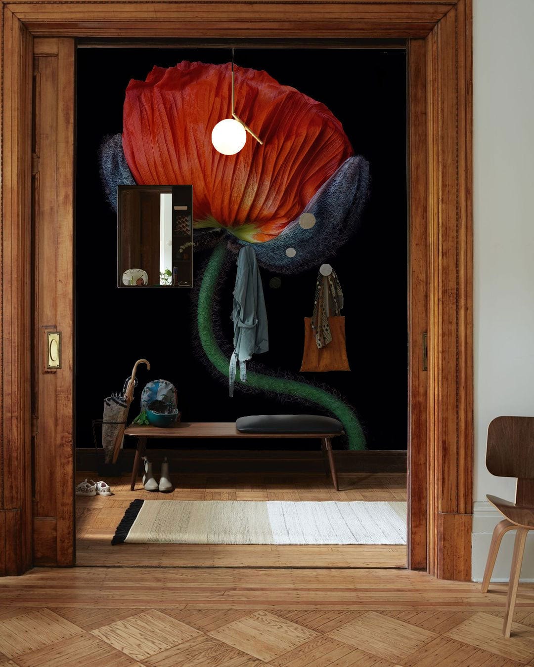 Elegant Red Poppy Floral Wallpaper in hallway with wooden flooring, bench, and hanging mirror.