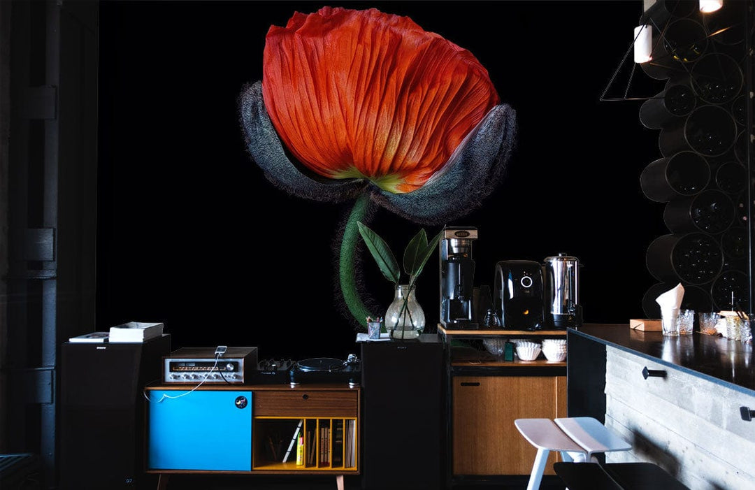 Elegant Red Poppy floral mural on black background in modern kitchen with wooden cabinetry.