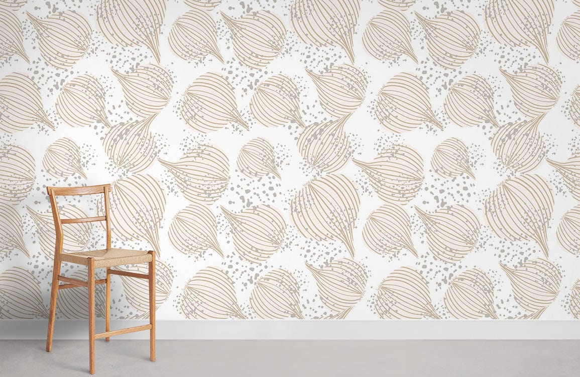 Elegant Botanical Beige Leaf Wallpaper, wooden chair, modern grey flooring, stylish living room decor.