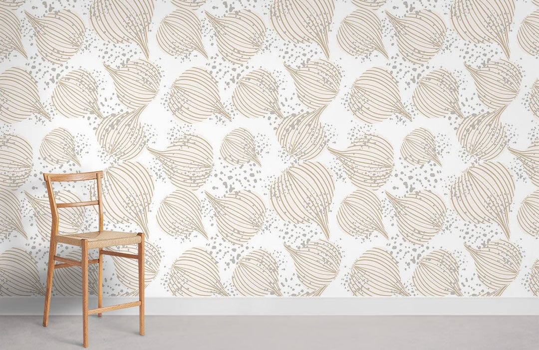 Elegant Botanical Beige Leaf Wallpaper, wooden chair, modern grey flooring, stylish living room decor.