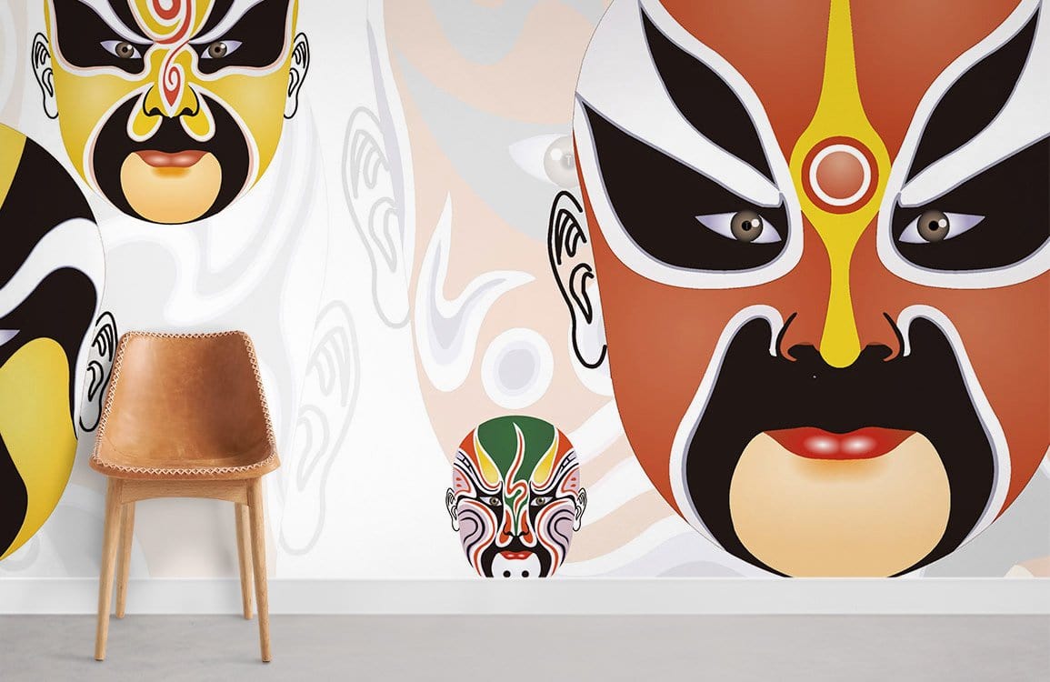 Vibrant Mask Design Mural Wallpaper, Oriental style, bold colours, brown chair, grey flooring.