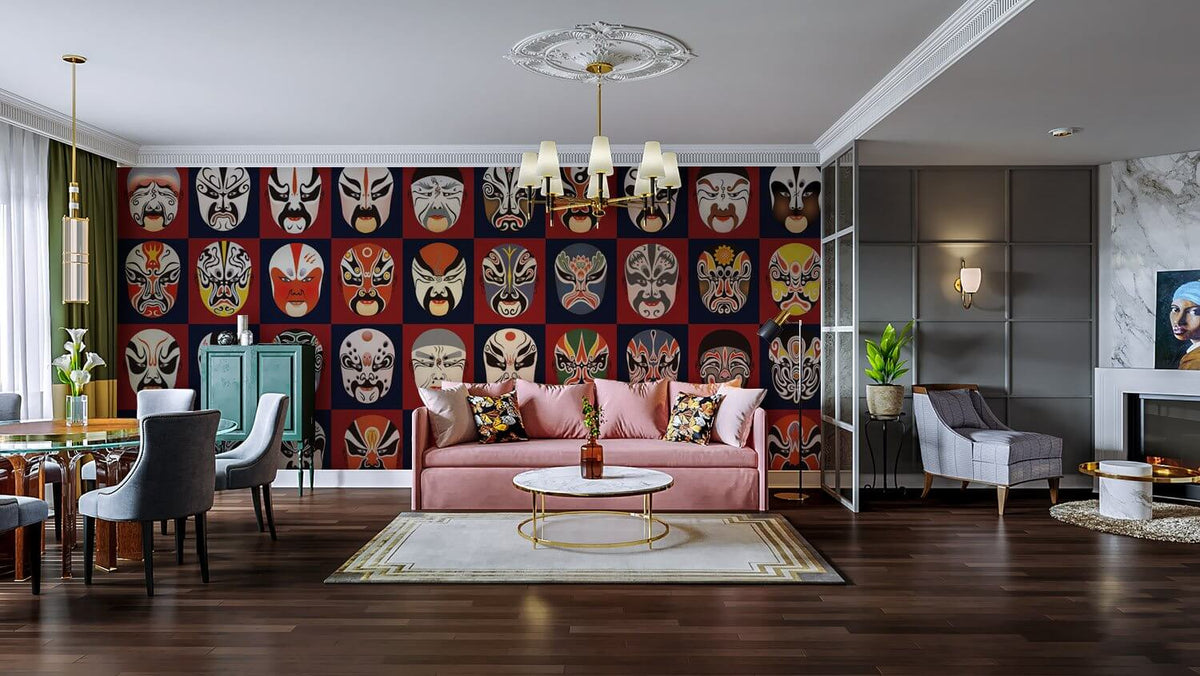 Oriental Culture Mask Design Wallpaper in red, black; elegant living room, pink sofa, wooden flooring.