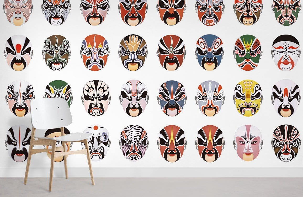 Vibrant Oriental Opera Masks Wallpaper, colourful wall mural with a modern wooden chair on grey flooring.