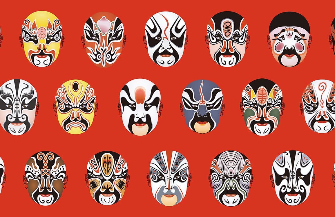 Vibrant Red Peking Opera Masks Pattern Wallpaper - Oriental Art Decor