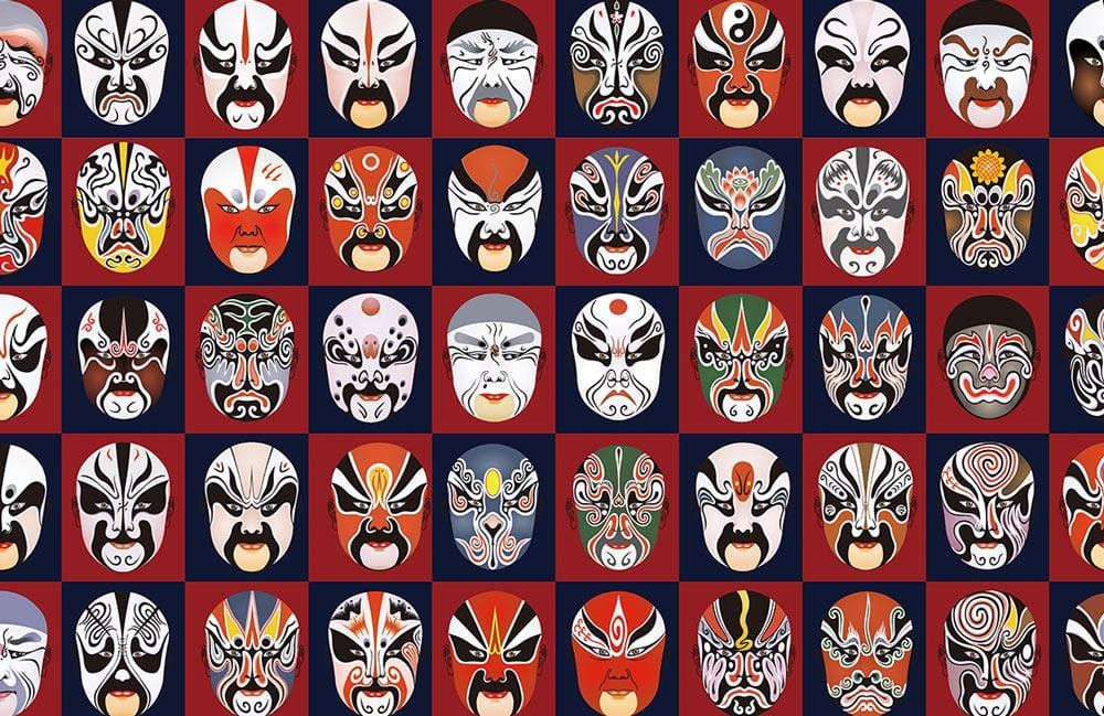 Oriental Culture Mask Design Wallpaper: Vibrant Pattern in Red and Black