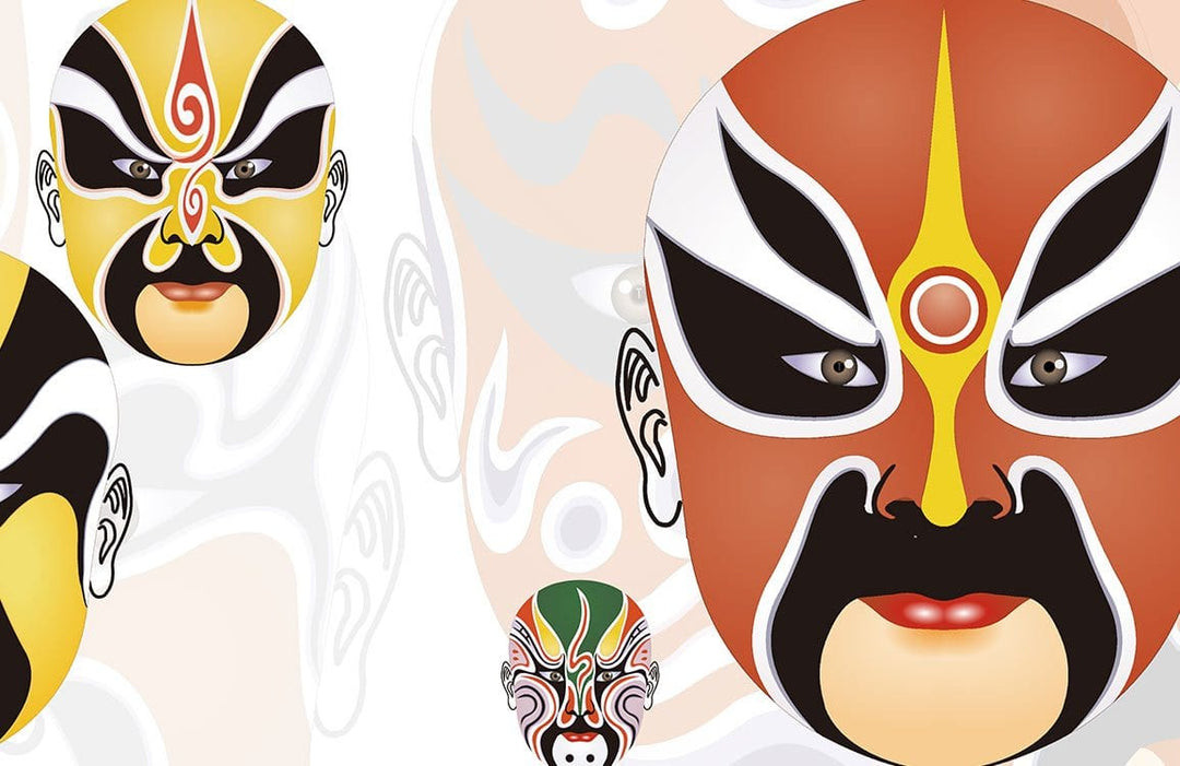 Vibrant Mask Design Mural Wallpaper - Bold Colours, Oriental Theatrical Style